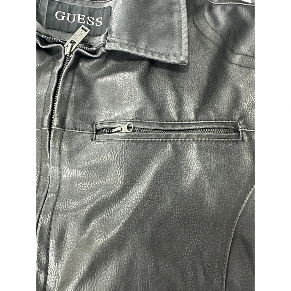 GUESS Men's Faux Leather Moto Biker Jacket Black Size Medium M Quilted Lining